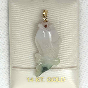 14k Solid Yellow Gold Hand-Carved Good Fortune Carp Celadon Two-Tone Jadeite Pendant