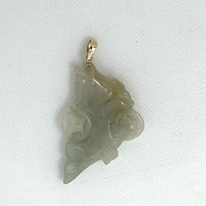 14k Solid Yellow Gold Hand-Carved Good Fortune Carp Celadon Two-Tone Jadeite Pendant