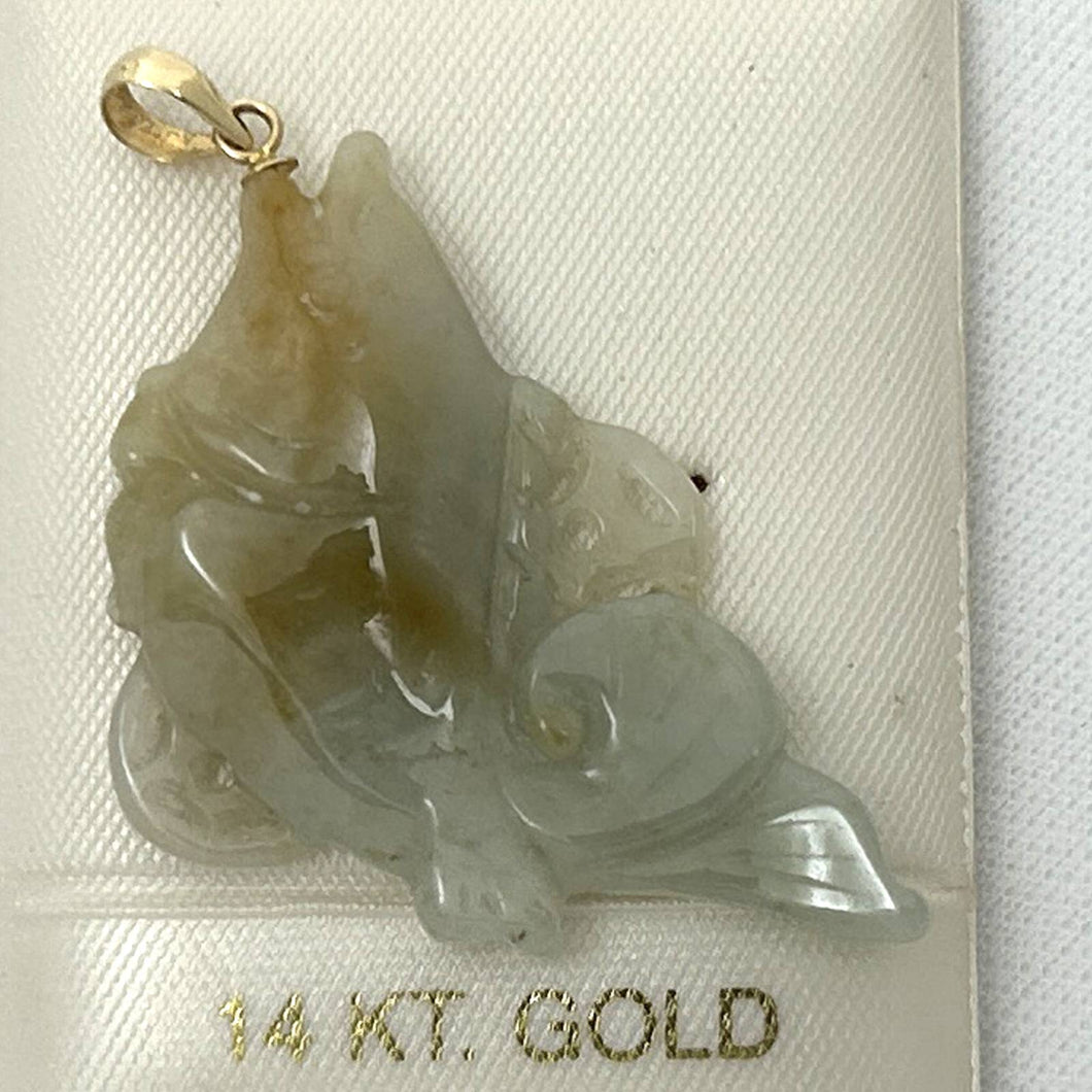 14k Solid Yellow Gold Hand-Carved Good Fortune Carp Celadon Two-Tone Jadeite Pendant
