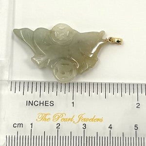 14k Solid Yellow Gold Hand-Carved Good Fortune Carp Celadon Two-Tone Jadeite Pendant
