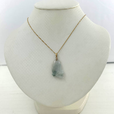 14k Solid Yellow Gold Hand-Carved Good Fortune Carp Pale Green Jadeite Pendant Necklace