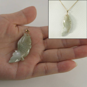 14k Solid Yellow Gold Hand-Carved Good Fortune Carp Pale Green Jadeite Pendant Necklace