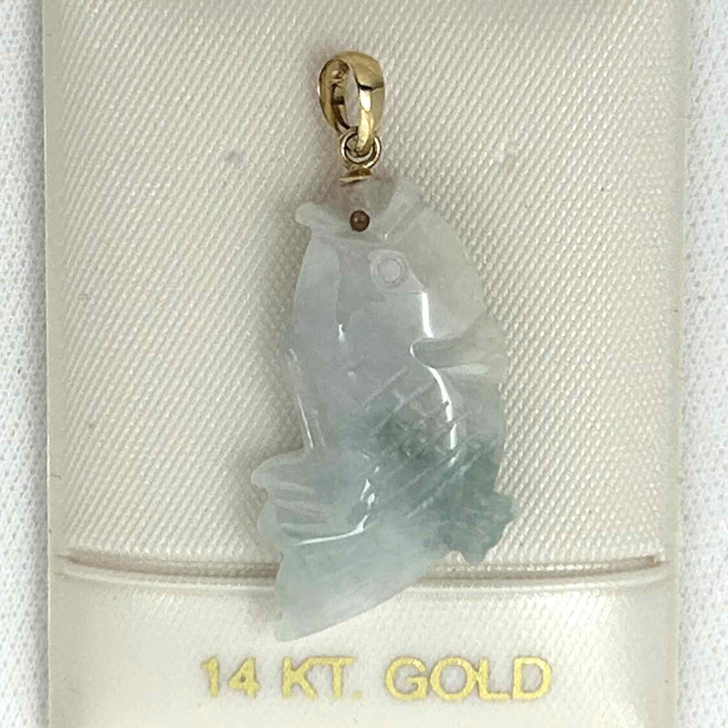 14k Solid Yellow Gold Hand-Carved Good Fortune Carp Pale Green Jadeite Pendant Necklace