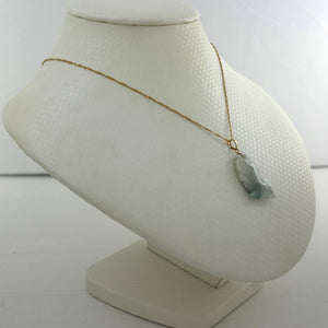 14k Solid Yellow Gold Hand-Carved Good Fortune Carp Pale Green Jadeite Pendant Necklace
