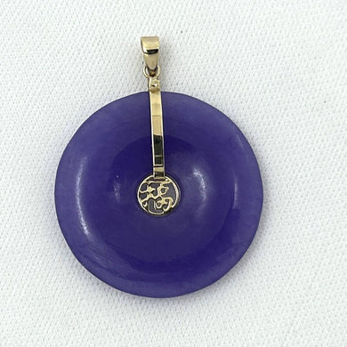 14k Solid Yellow Gold Hand Carved Donut Lavender Jade Good Luck Pendant