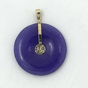 14k Solid Yellow Gold Hand Carved Donut Lavender Jade Good Luck Pendant