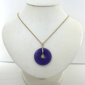 14k Solid Yellow Gold Hand Carved Donut Lavender Jade Good Luck Pendant