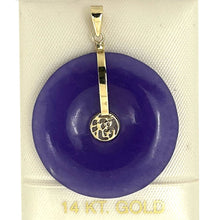 Load image into Gallery viewer, 14k Solid Yellow Gold Hand Carved Donut Lavender Jade Good Luck Pendant