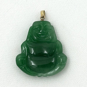 14k Gold Hand Carving 2 Sides Happy Buddha Green Jade Pendant Necklace