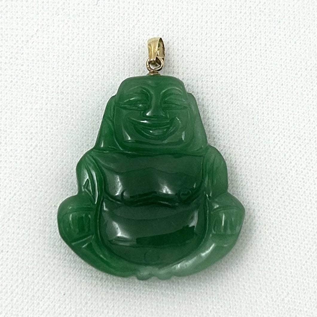 14k Gold Hand Carving 2 Sides Happy Buddha Green Jade Pendant Necklace