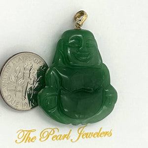 14k Gold Hand Carving 2 Sides Happy Buddha Green Jade Pendant Necklace