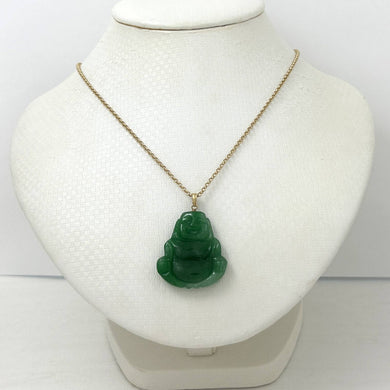 14k Gold Hand Carving 2 Sides Happy Buddha Green Jade Pendant Necklace