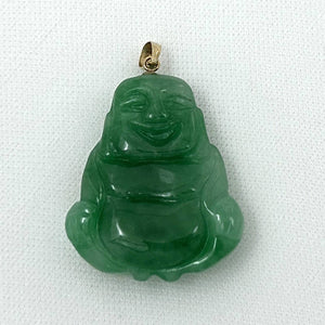 14k Gold Hand Carving 2 Sides Happy Buddha Green Jade Pendant Necklace