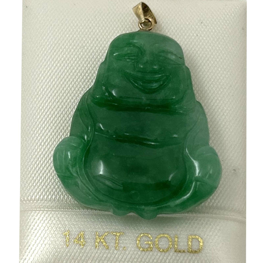 14k Gold Hand Carving 2 Sides Happy Buddha Green Jade Pendant Necklace
