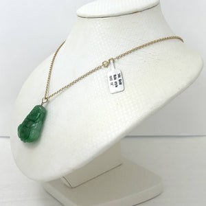 14k Gold Hand Carving 2 Sides Happy Buddha Green Jade Pendant Necklace