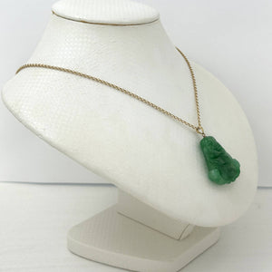 14k Gold Hand Carving 2 Sides Happy Buddha Green Jade Pendant Necklace