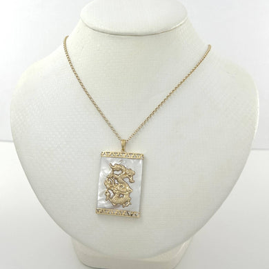 14k Solid Yellow Gold Hand Crafted Dragon White Mother of Pearl Pendant