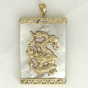 14k Solid Yellow Gold Hand Crafted Dragon White Mother of Pearl Pendant