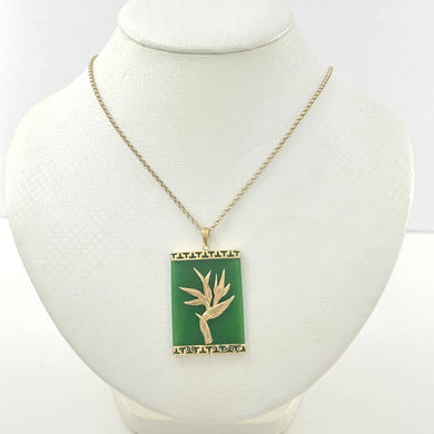 14k Yellow Gold Hawaiian Bird of Paradise Green Jade Pendant Necklace