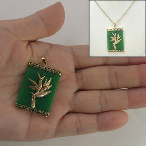 14k Yellow Gold Hawaiian Bird of Paradise Green Jade Pendant Necklace