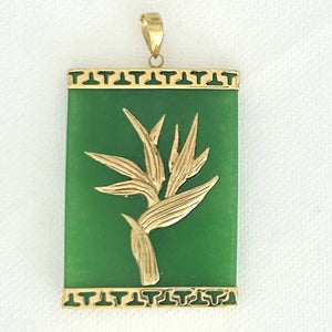 14k Yellow Gold Hawaiian Bird of Paradise Green Jade Pendant Necklace