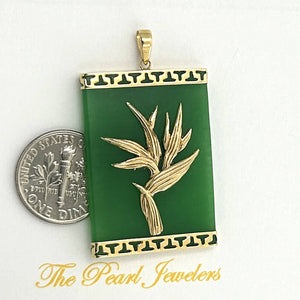 14k Yellow Gold Hawaiian Bird of Paradise Green Jade Pendant Necklace