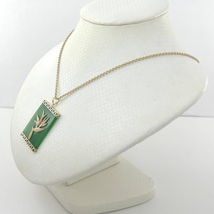 14k Yellow Gold Hawaiian Bird of Paradise Green Jade Pendant Necklace