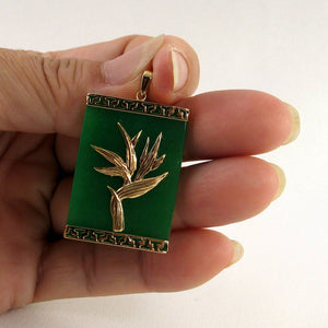 14k Yellow Gold Hawaiian Bird of Paradise Green Jade Pendant Necklace