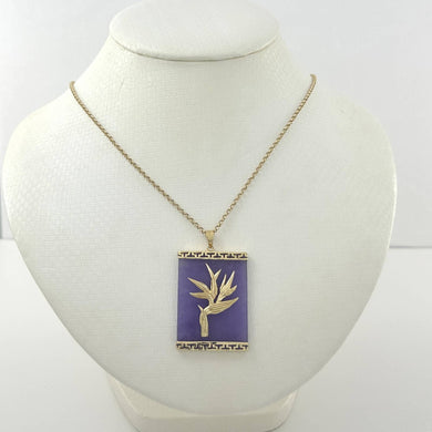 14k Gold Hawaiian Bird of Paradise Lavender Jade Pendant Necklace