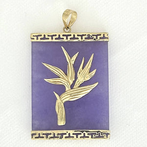14k Gold Hawaiian Bird of Paradise Lavender Jade Pendant Necklace