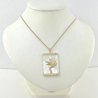14k Gold Hawaiian Bird of Paradise Mother of Pearl Pendant Necklace
