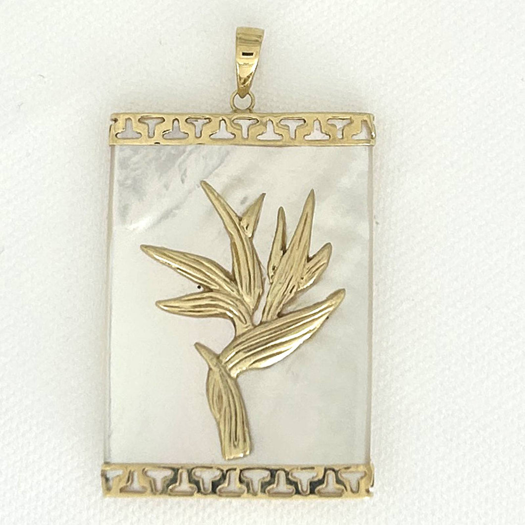 14k Gold Hawaiian Bird of Paradise Mother of Pearl Pendant Necklace
