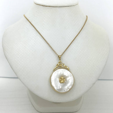 14k Yellow Gold Hawaiian Plumeria Flower Disc Mother of Pearl Pendant Necklace