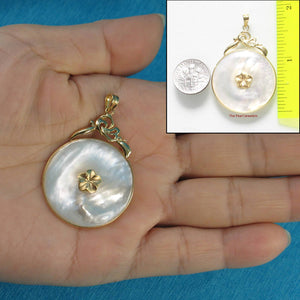 14k Yellow Gold Hawaiian Plumeria Flower Disc Mother of Pearl Pendant Necklace