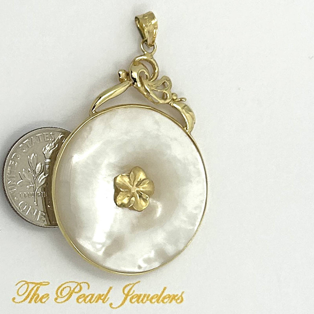 14k Yellow Gold Hawaiian Plumeria Flower Disc Mother of Pearl Pendant Necklace
