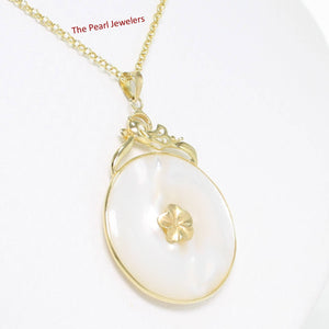 14k Yellow Gold Hawaiian Plumeria Flower Disc Mother of Pearl Pendant Necklace
