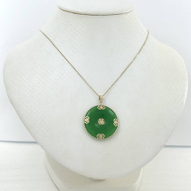 14k Gold Joy & Butterflies Disc Shape Green Jade Pendant Necklace