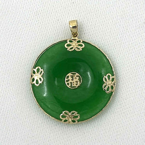 14k Gold Joy & Butterflies Disc Shape Green Jade Pendant Necklace