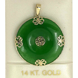 14k Gold Joy & Butterflies Disc Shape Green Jade Pendant Necklace