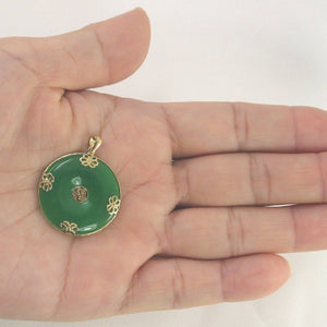 14k Gold Joy & Butterflies Disc Shape Green Jade Pendant Necklace