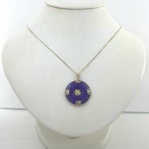 14k Gold Joy & Butterflies Disc Shape Lavender Jade Pendant Necklace