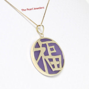 14k Solid Yellow Gold Lavender Jade “Blessing (Fu)” Disc Pendant Necklace