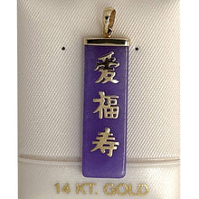 Load image into Gallery viewer, 14k Yellow Gold Lavender Jade Love, Joy &amp; Longevity Pendant