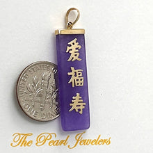 Load image into Gallery viewer, 14k Yellow Gold Lavender Jade Love, Joy &amp; Longevity Pendant