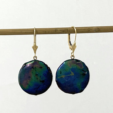 14K Yellow Gold Black Coin Pearl Dangle Earrings