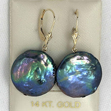 Load image into Gallery viewer, 14K Yellow Gold Black Coin Pearl Dangle Earrings