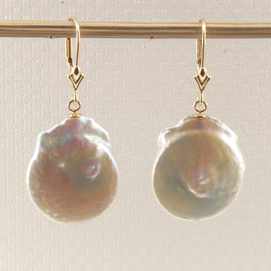 14K Yellow Gold White Coin Pearl Dangle Earrings Leverback