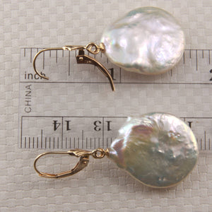 14K Yellow Gold White Coin Pearl Dangle Earrings (Heavier Set)