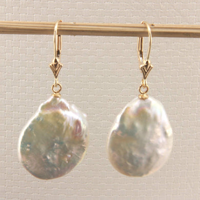 14K Yellow Gold White Coin Pearl Dangle Earrings (Heavier Set)