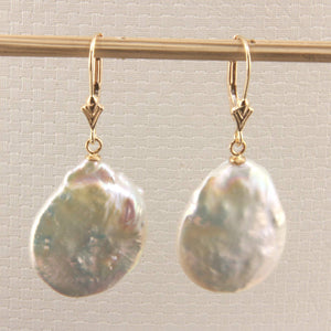 14K Yellow Gold White Coin Pearl Dangle Earrings (Heavier Set)